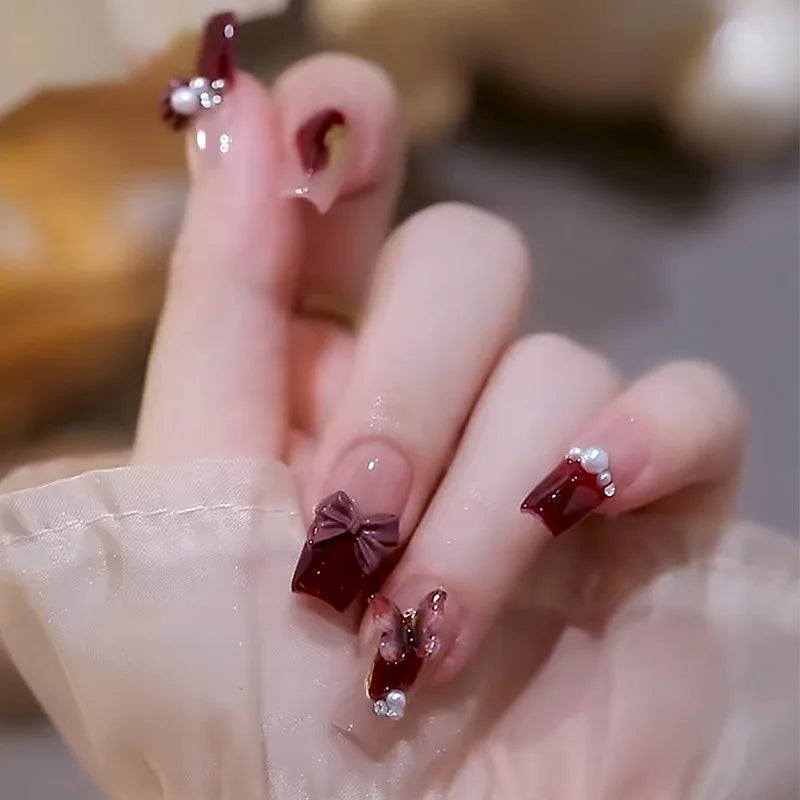 Red Rose Press-On Nails – Long Ballet, French Style, Full Cover Tips