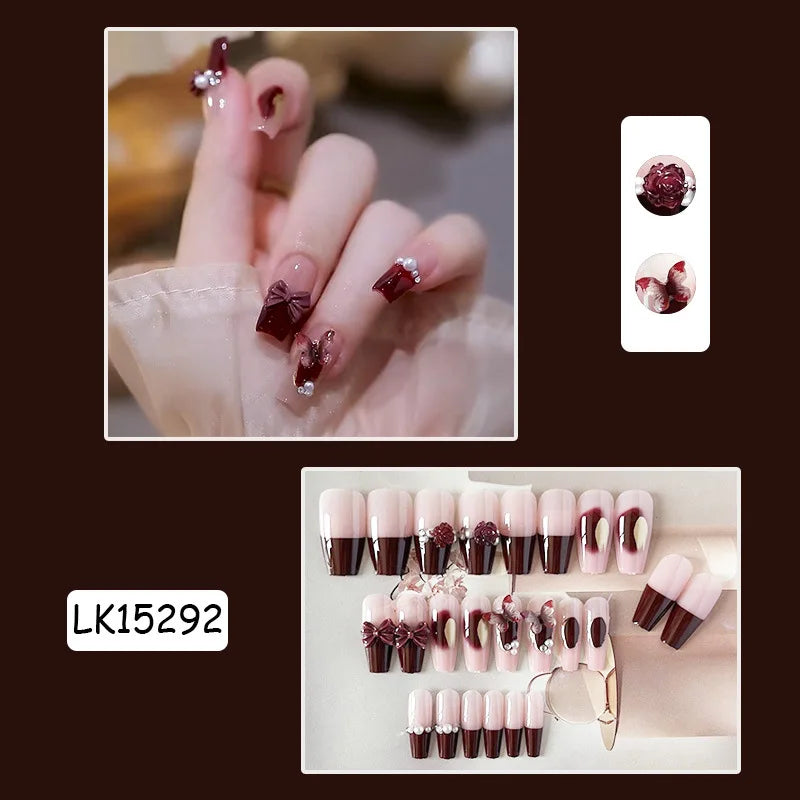 Red Rose Press-On Nails – Long Ballet, French Style, Full Cover Tips