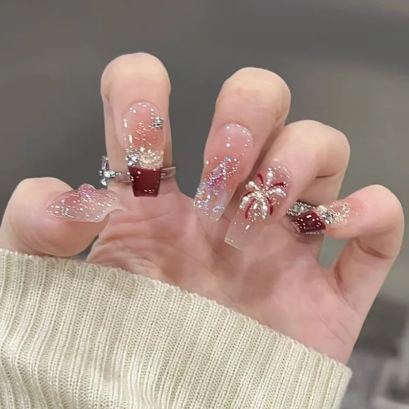 Red Rose Press-On Nails – Long Ballet, French Style, Full Cover Tips