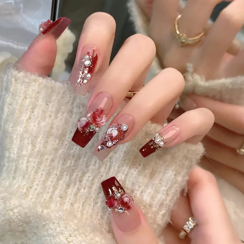 Red Rose Press-On Nails – Long Ballet, French Style, Full Cover Tips